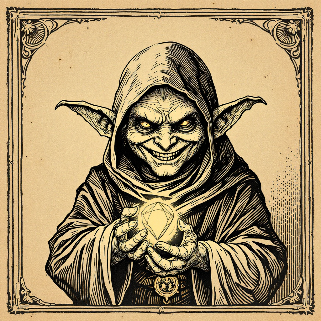A woodcut goblin clutching a glowing gem